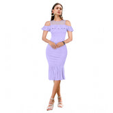 Purple knitting stretchable sleeveless dress, solid round neck, knee length - fashion wear on mannequin