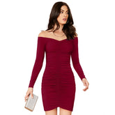 Maroon knitting stretchable V-neck full sleeve dress for women, solid pattern, knee length style