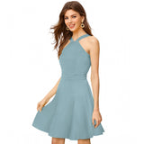 Women's Knitting stretchable Solid Halter Neck Sleeveless Dress (Pista )