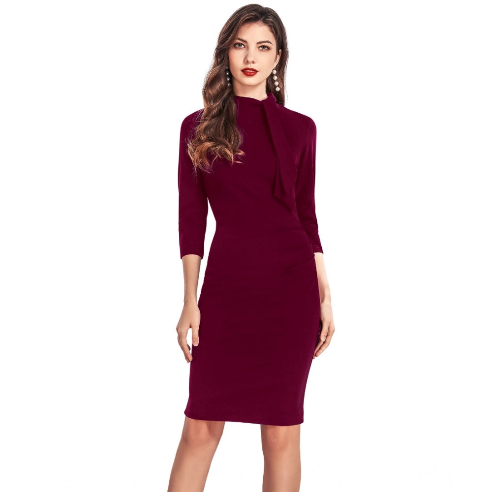 Maroon knitting stretchable solid round neck 3/4th dress for women, ideal for casual occasions