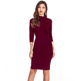 Maroon knitting stretchable solid round neck 3/4th dress for women, ideal for casual occasions