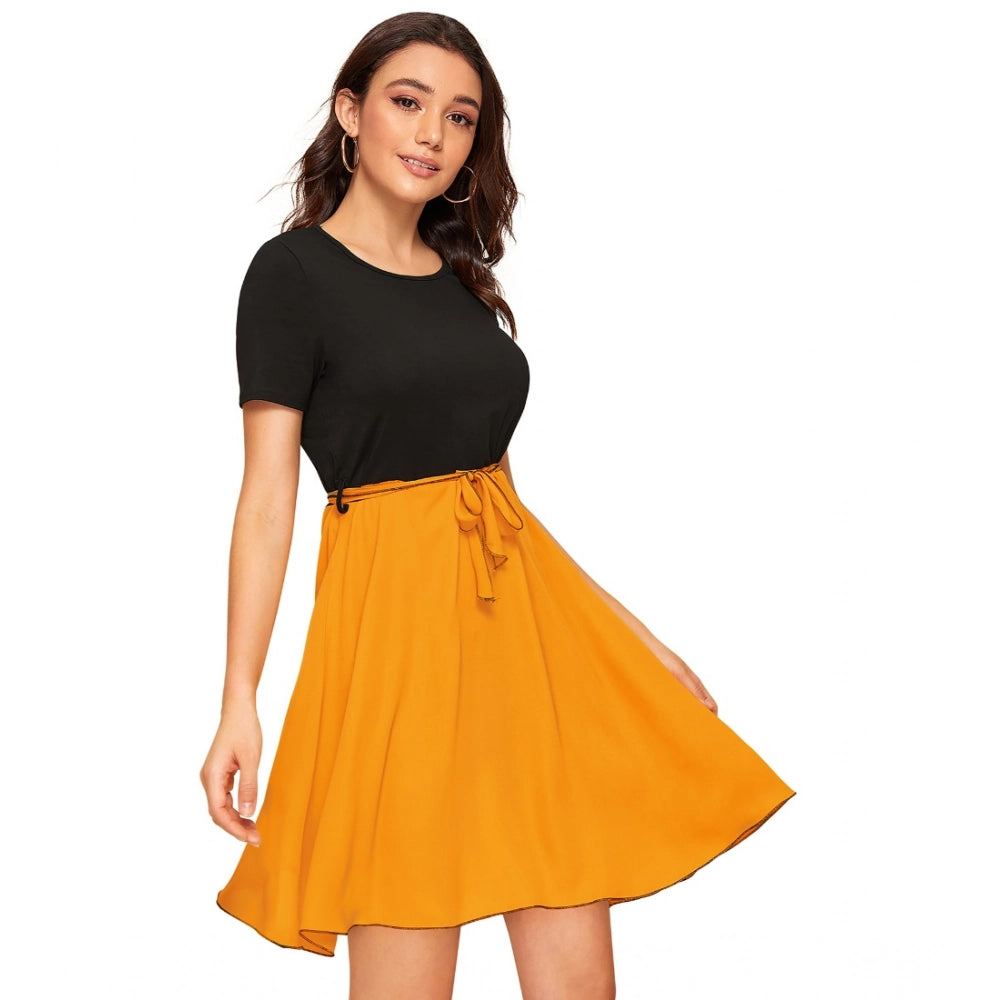 Yellow knitting strachable solid round neck cap sleeve dress, women's fashion clothing on model