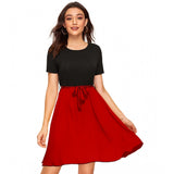Red knitting stretchable dress with solid round neck and cap sleeves