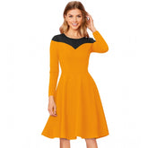 Yellow knitting stretch dress, solid round neck, full sleeve