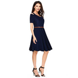 Women's Polyester Solid V Neck Cap Sleeve Dress (Blue)