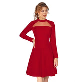 Red knitting stretchable dress with solid round neck and full sleeves