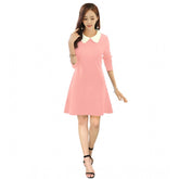 Peach polyester solid collar 3/4th dress for women, knee-length fashion garment