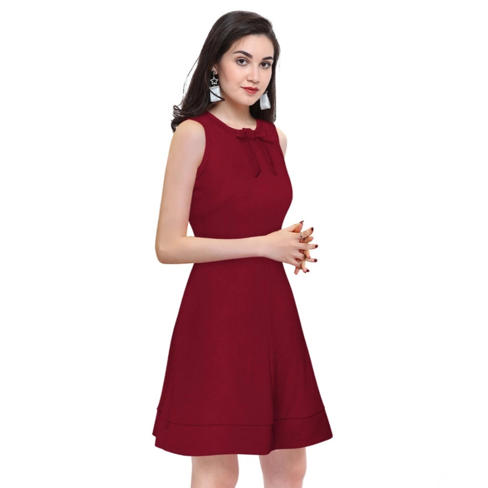 Maroon polyester sleeveless round neck dress, solid pattern for women's fashion