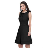 Women's Polyester Solid Round Neck Sleeveless Dress (Black)