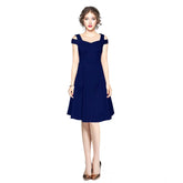 Blue polyester solid V-neck cap sleeve off-shoulder dress for women