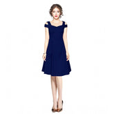 Blue polyester solid v-neck cap sleeve off-shoulder dress