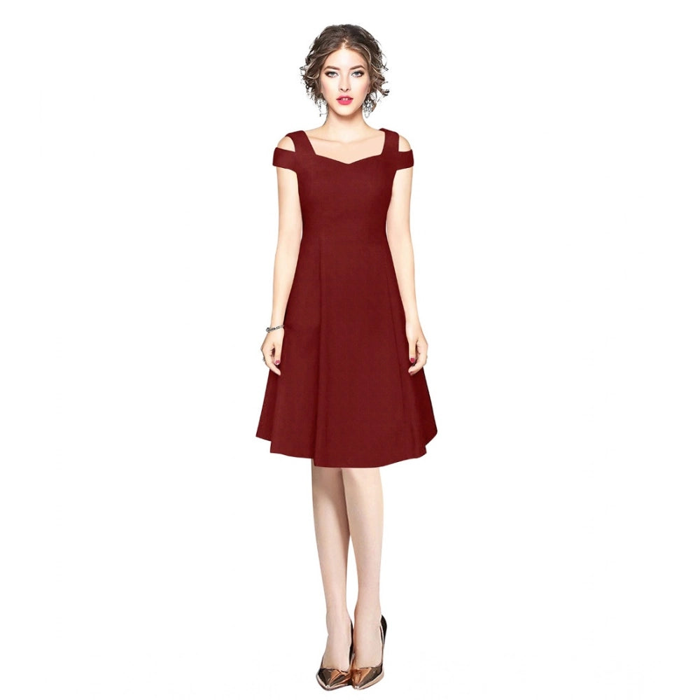 Maroon polyester solid V-neck cap sleeve off-shoulder dress, versatile women's fashion for parties and events