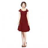Maroon polyester solid V-neck cap sleeve off-shoulder dress, versatile women's fashion for parties and events