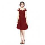 Maroon polyester solid V-neck cap sleeve off-shoulder dress, versatile women's fashion for parties and events