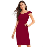 Maroon knitting stretchable solid round neck sleeveless knee-length dress