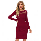 Maroon knitting stretchable solid round neck full sleeve dress for women's fashion