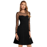 Black knitting stretch dress with round neck and full sleeves, solid pattern on woman modeling