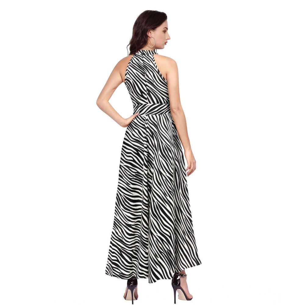 White polyester zebra pattern halter neck sleeveless dress