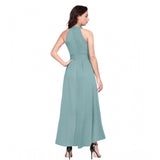 Women's Polyester Solid Halter Neck Sleeveless Dress (Pista)