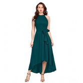 Morpichh polyester sleeveless halter neck dress for women, solid pattern on display stand