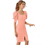 Women's Knitting stretchable Solid Square Neck 3-4 Puff Sleeve Dress (Peach)