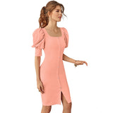 Women's Knitting stretchable Solid Square Neck 3-4 Puff Sleeve Dress (Peach)