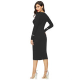 Women's Knitting stretchable Solid Round Neck Full Sleeve Dress (Black)