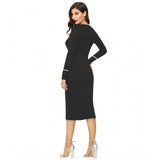 Women's Knitting stretchable Solid Round Neck Full Sleeve Dress (Black)