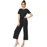 Black knitting stretchable solid round neck cap sleeve jumpsuit, ideal for cozy comfort wear