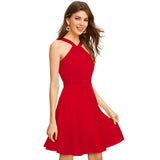 Women's Knitting stretchable Solid Halter Neck Sleeveless Dress (Red )