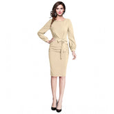 Beige knitting stretchable round neck full sleeve dress for women, solid pattern with elasticity and comfort
