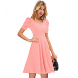 Peach knitting stretchable V-neck cap sleeve dress for women, solid design on model