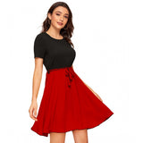 Red knitting stretch dress, solid round neck, cap sleeves, knee length