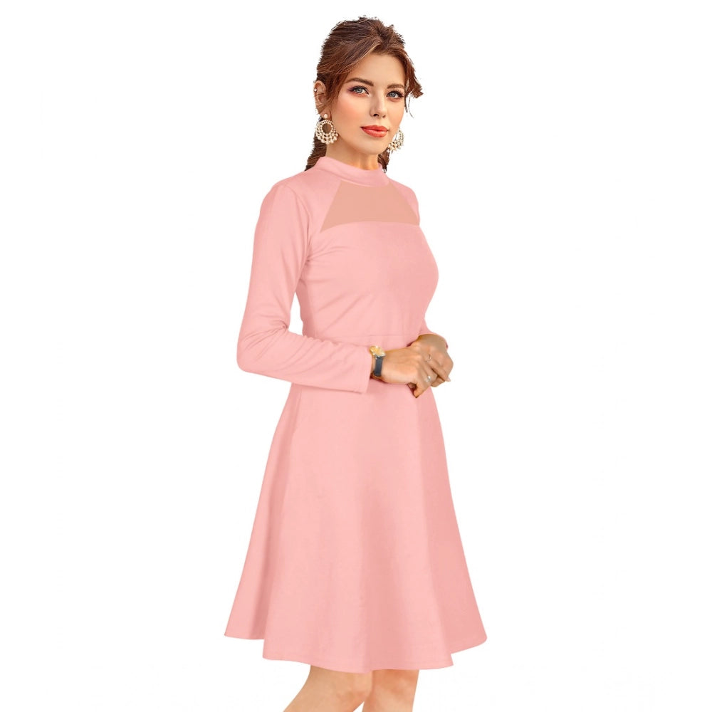 Peach knitting stretchable solid round neck full sleeve dress for women, versatile and comfortable clothing piece