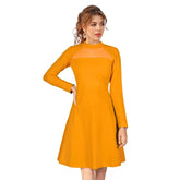 Yellow knitting stretchable round neck full sleeve dress for women
