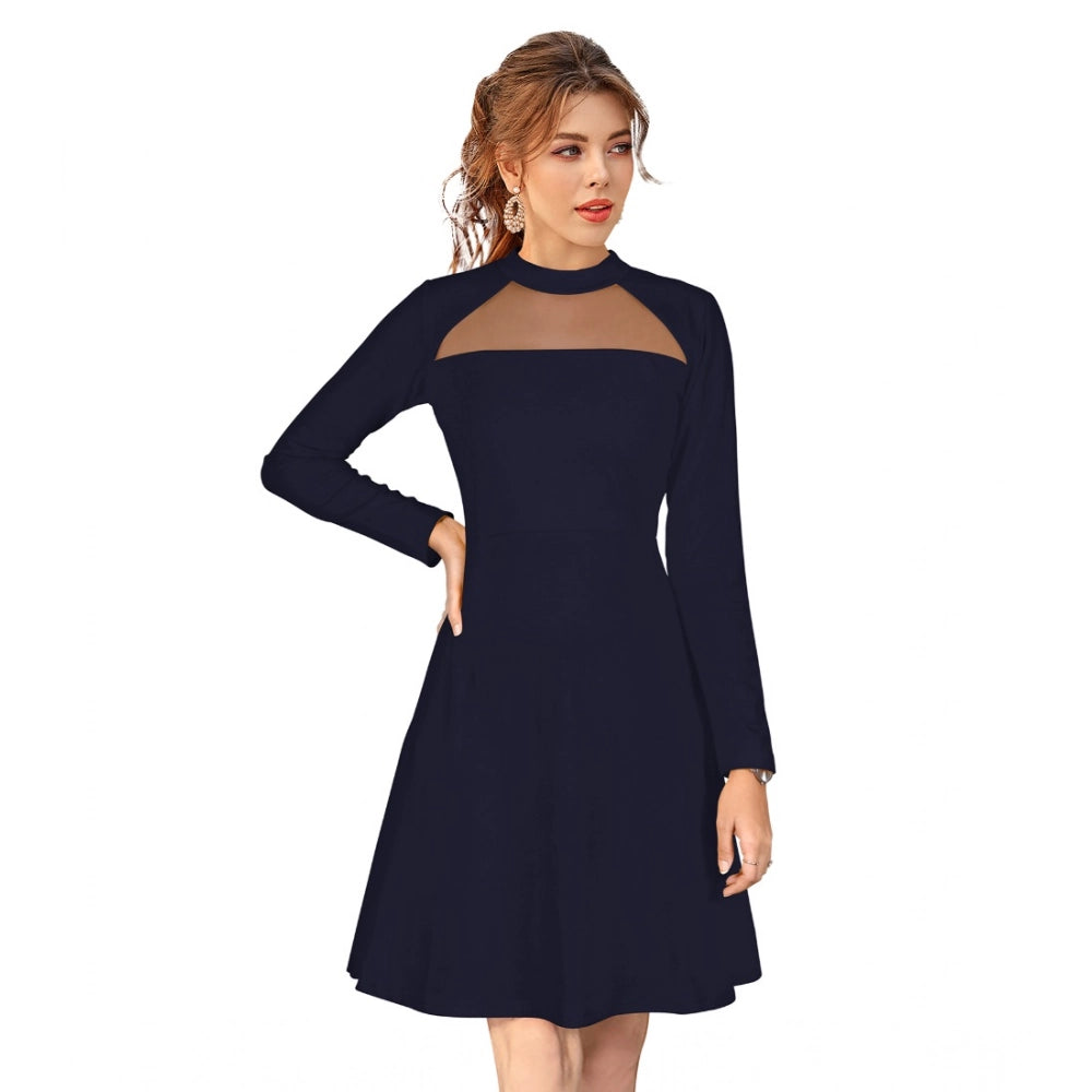 Blue knitting stretch dress, solid round neck, full sleeve