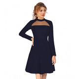 Blue knitting stretch dress, solid round neck, full sleeve