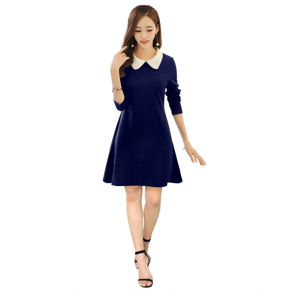 Blue polyester solid collar dress with 3/4th sleeves, knee-length style for women's fashion