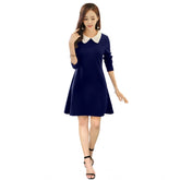 Blue polyester solid collar dress with 3/4th sleeves, knee-length style for women's fashion