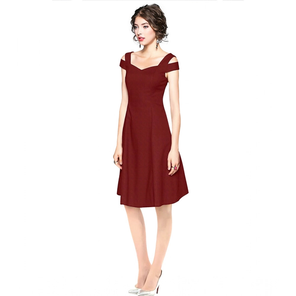 Maroon polyester solid V-neck cap sleeve off-shoulder dress, stylish women's fashion wear on mannequin