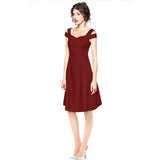 Maroon polyester solid V-neck cap sleeve off-shoulder dress, stylish women's fashion wear on mannequin