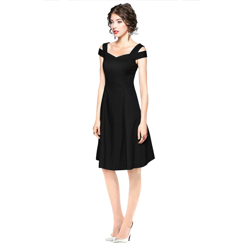 Black polyester solid V-neck cap sleeve off-shoulder dress for women