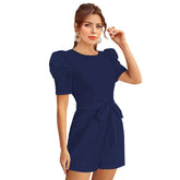 Blue knitting stretchable dress with 3/4 puff sleeves