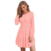 Peach knitting stretchable dress for women, solid round neck with full sleeves