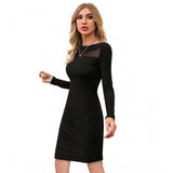 Women's Knitting stretchable Solid Round Neck Full Sleeve Dress (Black)