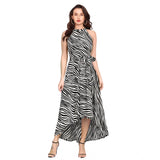 White polyester zebra pattern halter neck sleeveless dress, stylish summer wear