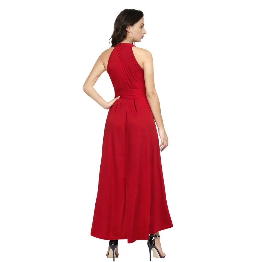 Red polyester solid halter neck sleeveless dress on model