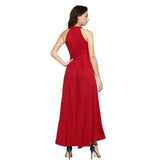 Red polyester solid halter neck sleeveless dress on model