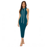 Morpich knitting stretch dress, solid round neck, sleeveless, knee length for women
