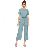 Stretchable knitting jumpsuit in pista solid color, cap sleeve and full-length style for women's fashion
